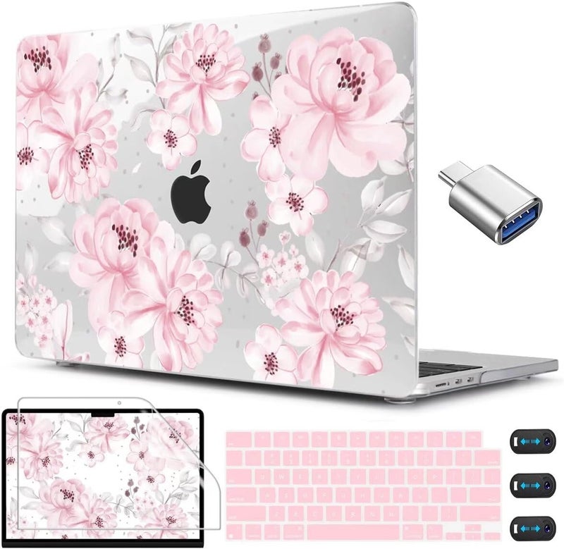 CISSOOK Compatible with MacBook Air 13.6 inch Case M4 M3 M2 Chip 2025 2024 2023 2022 Release, Plastic Hard Shell Case Keyboard Cover Screen Protector for Mac Air 13 A3240 A3113 A2681, Cute Pink Flower - Image 1